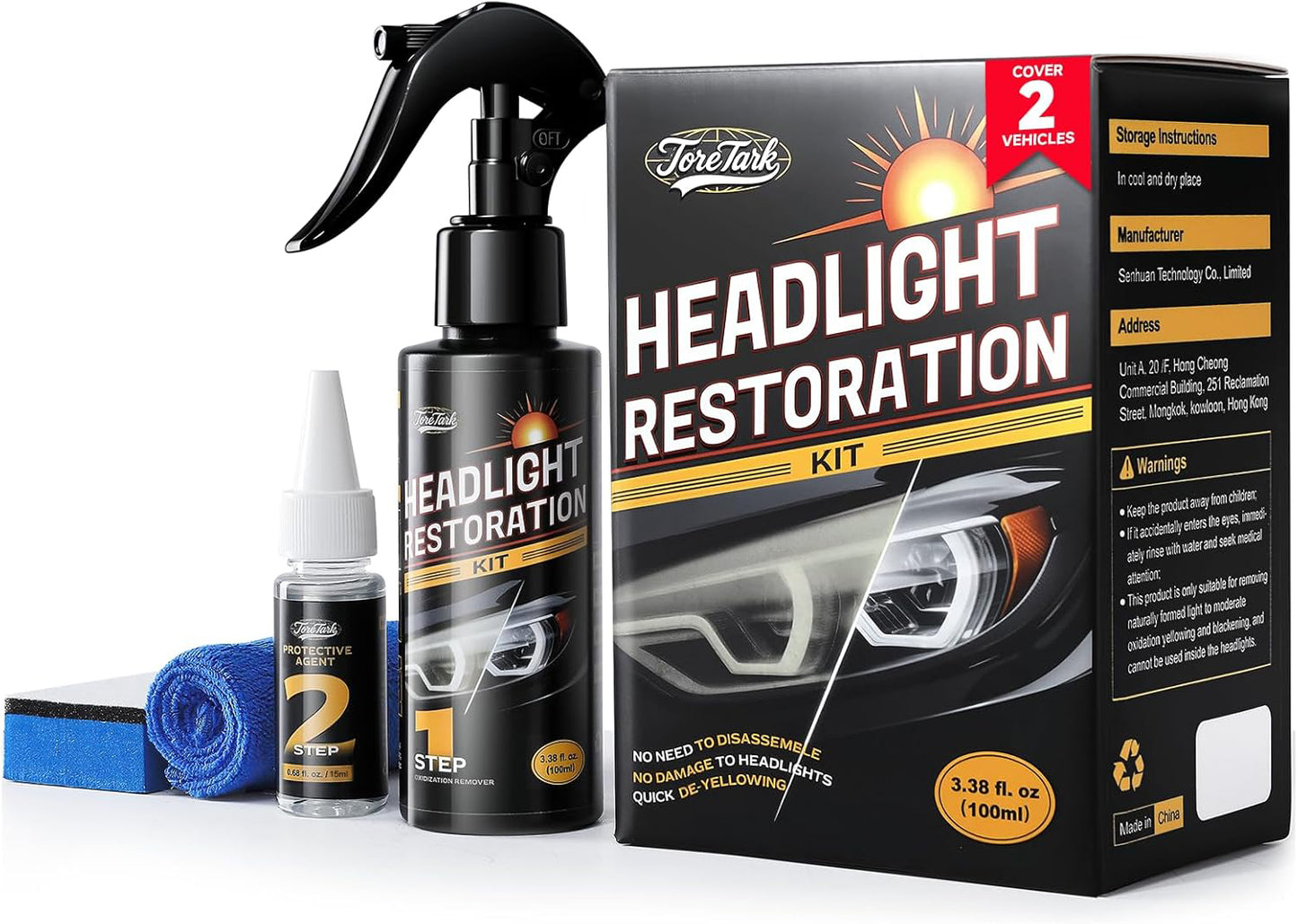 Toretark Headlight Restoration Kit & Wipes Combo